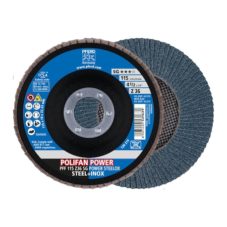 Pferd 4-1/2" x 7/8" A.H. POLIFAN Flap Disc - Z SG POWER STEELOX, Zirconia, 36 Grit, Flat 62173